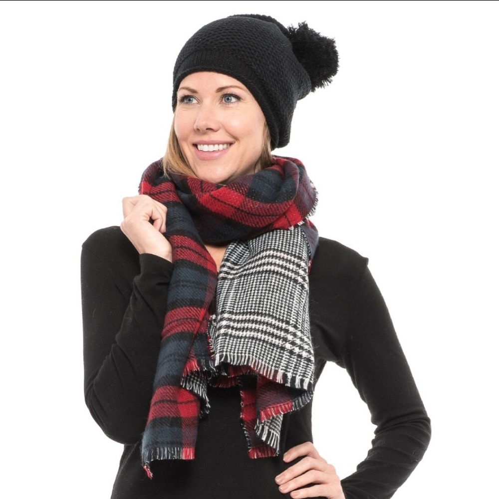 Wrapsody in Hues Reversible Plaid Scarf and Knit Pom Beanie Set